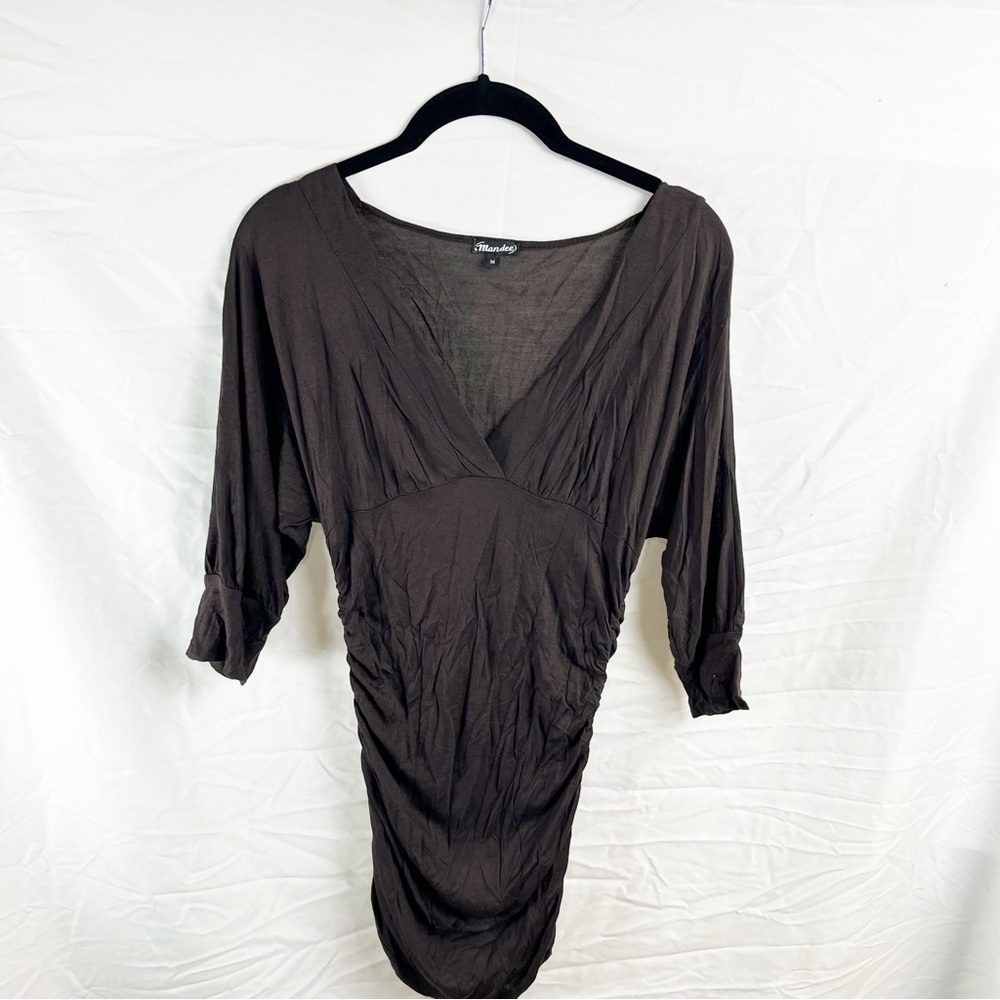 Mandee Y2K 2000s Brown V-Neck Ruched Dress
